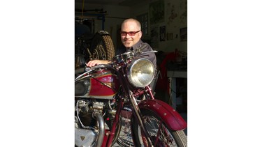 Columnist Greg Williams and a 1939 Triumph Speed Twin.