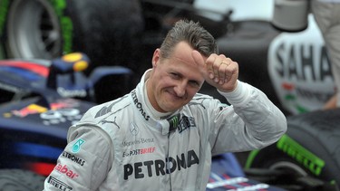 German Formula One driver Michael Schumacher gives the thumbs-up at the end of the 2012 Brazilian Grand Prix. Doctors say the F1 star will continue the rest of his recovery at home.