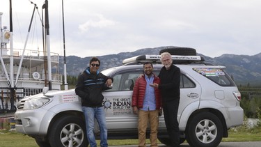 Adventurers Sanjay Madan and Tushar Agarwal, centre, happened to pass through Whitehorse on their Great Indian World Trip while Garry was there. Tushar and Garry have been corresponding for the past few years about long-distance driving, and Garry profiled their exploits in a recent column.