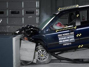 This undated photo provided by the Insurance Institute for Highway Safety shows a crash test of a 2002 Honda CR-V, one of the models subject to a recall to repair faulty air bags. Honda is one of the
