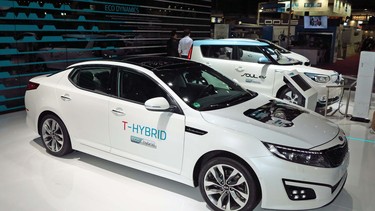 The Kia Optima T-Hybrid at the 2014 Paris Motor Show.