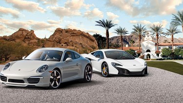 Two of the three hot rides that comprise the Waldorf Astoria Driving Experiences series, a Porsche 911 Turbo and a McLaren MP4-12C.