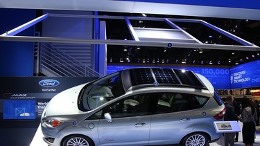 The Ford C-Max solar energy concept car is displayed at the Ford booth at the 2014 International CES at the Las Vegas Convention Center on January 8, 2014 in Las Vegas, Nevada.