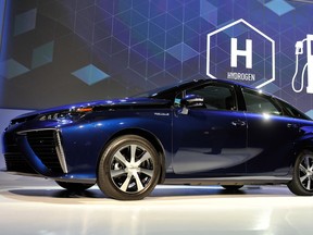 The Toyota Mirai fuel cell automobile is displayed  the 2015 International CES.