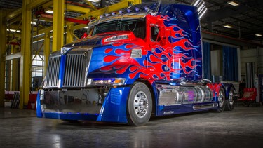 Optimus Prime, from the film Transformers: Age of Extinction , is a truck built on a Western Star 5700 series cab and chassis. The truck is making its only Canadian auto show appearance in Calgary at the International Auto & Truck Show March 11 to 15.