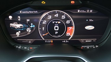 The digital display on the 2016 Audi TTS can be configured for sport mode, which features a tachometer front and centre.