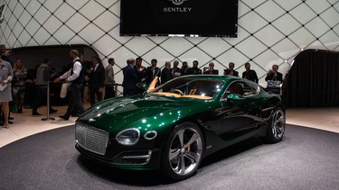 Bentley's new prototype, a front-engined two-seater sports GT concept, is displayed during the press day of the Geneva International Motor Show on March 3, 2015 in Geneva.