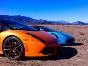 Two Lamborghinis owned by Area 27 members at rest on the planned site of the 4.9-kilometre race circuit designed by Jacques Villeneuve in B.C.'s South Okanagan.