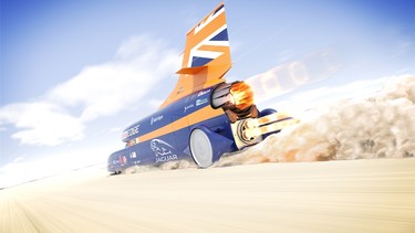 The Bloodhound SSC’s twin jet-and-rocket hybrid engine is estimated at 135,000 hp.