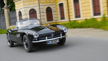 Brian Harper behind the wheel of a classic BMW 507 just like Elvis used to own.