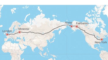 New York to London, via Canada and Russia. Would you make the drive?