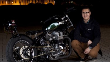 Kenny Kwan, owner of Ill-Fated Kustoms in Calgary, and his custom 2007 Triumph Bonneville T100. Kwan has helped organize the Ill-Fated Kustoms Kickstart 2015.