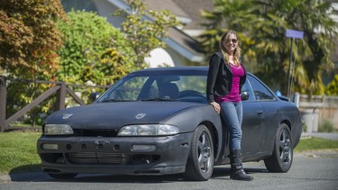 Stuntwoman Laura Lee Connery with her drift car near her home in Tsawwassen, B.C.