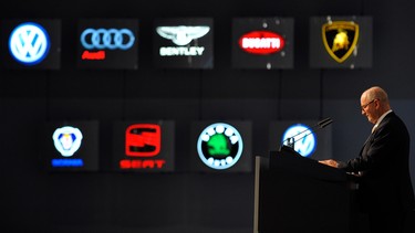 The head of Volkswagen's supervisory board Ferdinand Piech delivers a speech in front of logos of the car makers part of VW as he attends an extraordinary general assembly of shareholders of Europe's biggest carmaker VW on December 3, 2009 in Hamburg, northern Germany.