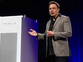 Elon Musk, CEO of Tesla Motors Inc., unveils the company’s newest product, Powerpack, in Hawthorne, Calif., Thursday, April 30, 2015.