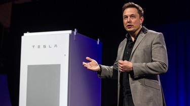 Elon Musk, CEO of Tesla Motors Inc., unveils the company’s newest product, Powerpack, in Hawthorne, Calif., Thursday, April 30, 2015.