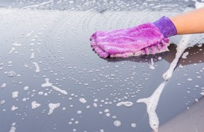 When dealing with bug splatters, use a generous application of car-wash suds and clean the area with a wash mitt.