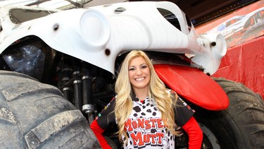 Cynthia Gauthier, 27, is a rookie driver in the Monster Jam series and is behind the wheel of the Monster
Mutt Dalmatian truck — complete with tongue and wagging tail.