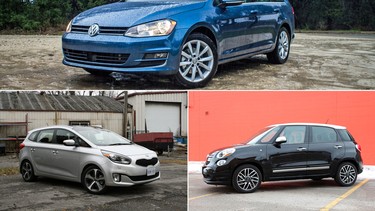 The 2015 Volkswagen Golf Sportwagon, top, 2014 Kia Rondo, left, and 2015 Fiat 500L.
