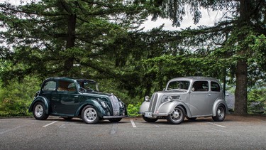 Ken Green's Morris alongside his brother Eric's Ford Anglia.