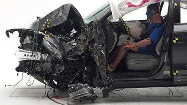 The aftermath of the 2016 Honda Pilot IIHS crash test.