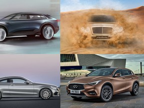 The cars we're most excited to see at this year's Frankfurt Motor Show include the Audi e-tron Quattro Concept, top left, 2016 Bentley Bentayga, top right, the 2016 Mercedes-Benz C-Class Coupe, lower left, and 2016 Infiniti Q30.