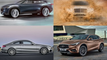 The cars we're most excited to see at this year's Frankfurt Motor Show include the Audi e-tron Quattro Concept, top left, 2016 Bentley Bentayga, top right, the 2016 Mercedes-Benz C-Class Coupe, lower left, and 2016 Infiniti Q30.