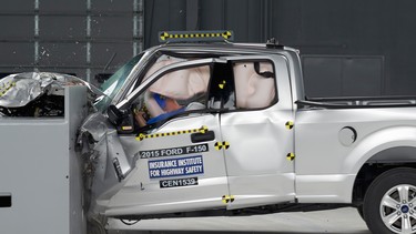 The 2015 Ford F-150 Super Cab pickup truck is seen in a crash test by the Insurance Institute for Highway Safety. The four-door Super Crew got top ratings in all five of the crash tests. But the Super Cab version, which has a smaller rear door and back seat, did poorly in a small front overlap test, which slams 25 percent of the front of the truck into a barrier at 40 miles per hour.