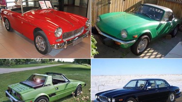 Clockwise from top left are the MG Midget, Triumph Spitfire, Fiat X1/9, and Jaguar XJ12.