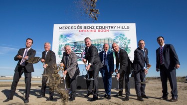 From left to right, Mike McManes, McManes Automotive, Jim McManes, president McManes Automotive, Jim Stevenson, councillor Ward 3, Tim Reuss, Pres and CEO, Rick Bowie, vice-president real estate, McManes Automotive, Paul Gilroy, director, process development, Mercedes-Benz, Stefan Karrenbauer, president and CEO, Mercedes-Benz financial services, Ryan Alexander, dealer relation manager, Mercedes-Benz financial services, break ground on the new northeast Mercedes-Benz location in Calgary, on September 12, 2015.