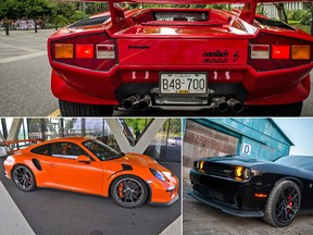 Lamborghini Countach, top, 2016 Porsche 911 GT3 RS, bottom left, and 2015 Dodge Challenger SRT Hellcat.