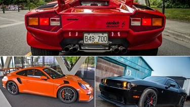 Lamborghini Countach, top, 2016 Porsche 911 GT3 RS, bottom left, and 2015 Dodge Challenger SRT Hellcat.