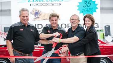 At the grand reopening of Concours Collision Centre's central location in Calgary are, left to right, Paul Madden, president of 3M Canada, Chip Foose, Concours owner Ken Friesen and his wife Fiona Maxwell.