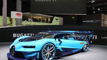 The new Bugatti Vision GT stand at the Bugatti stand at the 2015 IAA Frankfurt Auto Show during a press day on September 16, 2015 in Frankfurt, Germany.