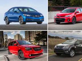 Canada's top four best-selling Canadian-built cars, from the top: the Honda Civic, Toyota Corolla, Dodge Grand Caravan and the Toyota RAV4.