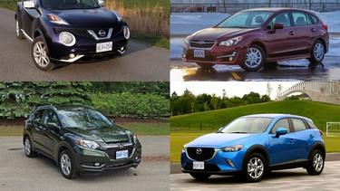 Clockwise from top left, Nissan Juke, Subaru Impreza 5-Door, Mazda CX-3, Honda HR-V.
