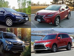 Clockwise from top left, the 2015 Honda CR-V, the 2015 Lexus NX 300h, the 2016 Mitsubishi Outlander, and the 2016 Subaru Forester.