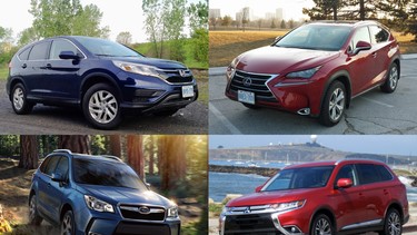 Clockwise from top left, the 2015 Honda CR-V, the 2015 Lexus NX 300h, the 2016 Mitsubishi Outlander, and the 2016 Subaru Forester.