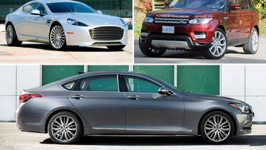 The 2015 Aston Martin Rapide S, top left, 2016 Range Rover Sport Td6 HSE, top right, and 2016 Hyundai Genesis.