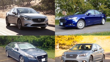 Clockwise from top left, the Mazda6, Ford Fusion Hybrid, Subaru Legacy, and Hyundai Sonata Hybrid.