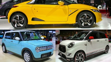 The Honda S660, top, the Suzuki Lapin, bottom left, and the Daihatsu Cast Sport.