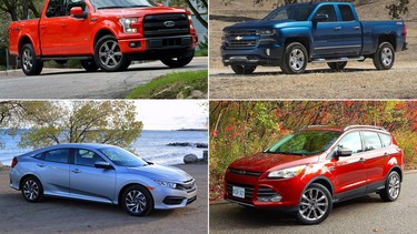 Clockwise from top left are the Ford F-150, Chevrolet Silverado, Ford Escape, and Honda Civic.