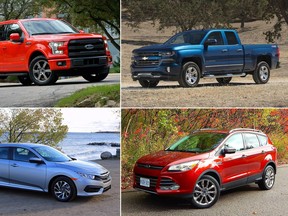 Clockwise from top left are the Ford F-150, Chevrolet Silverado, Ford Escape, and Honda Civic.