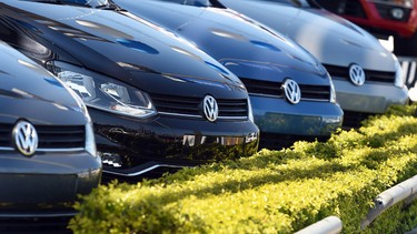 Volkswagen cars are lined up on the forecourt of a dealership in Sydney on October 3, 2015.