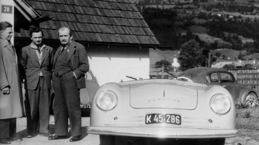 Ferdinand Porsche, right, and his son Ferry with Porsche's first sports car, built in 1948 and dubbed Porsche No. 1.