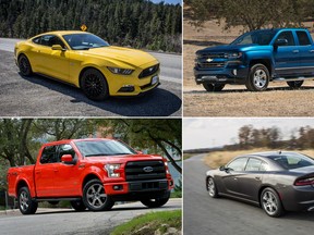 Clockwise from top left: 2015 Ford Mustang, 2016 Chevrolet Silverado, 2015 Ford F-150, and 2015 Dodge Charger.