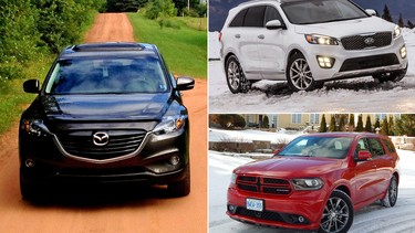 2015 Mazda CX-9, left, 2016 Kia Sorento, top right, and 2015 Dodge Durango.