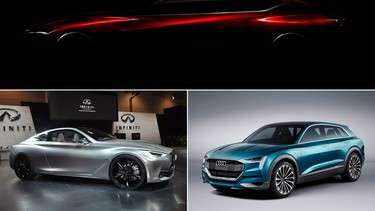 Making their debuts at the 2016 Detroit auto show will be, at top, the Acura Precision Concept, the Audi Q6 h-tron Concept, bottom right, and the 2017 Infiniti Q60.