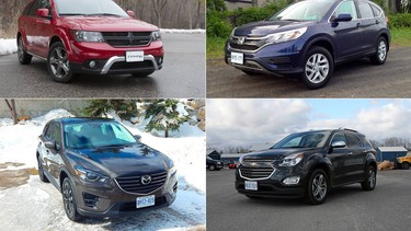 Clockwise from top left are the Dodge Journey, Honda CR-V, Chevrolet Equinox, and Mazda CX-5.