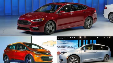 The 2017 Ford Fusion, top, 2017 Chevrolet Bolt, bottom left, and 2016 Chrysler Pacifica.